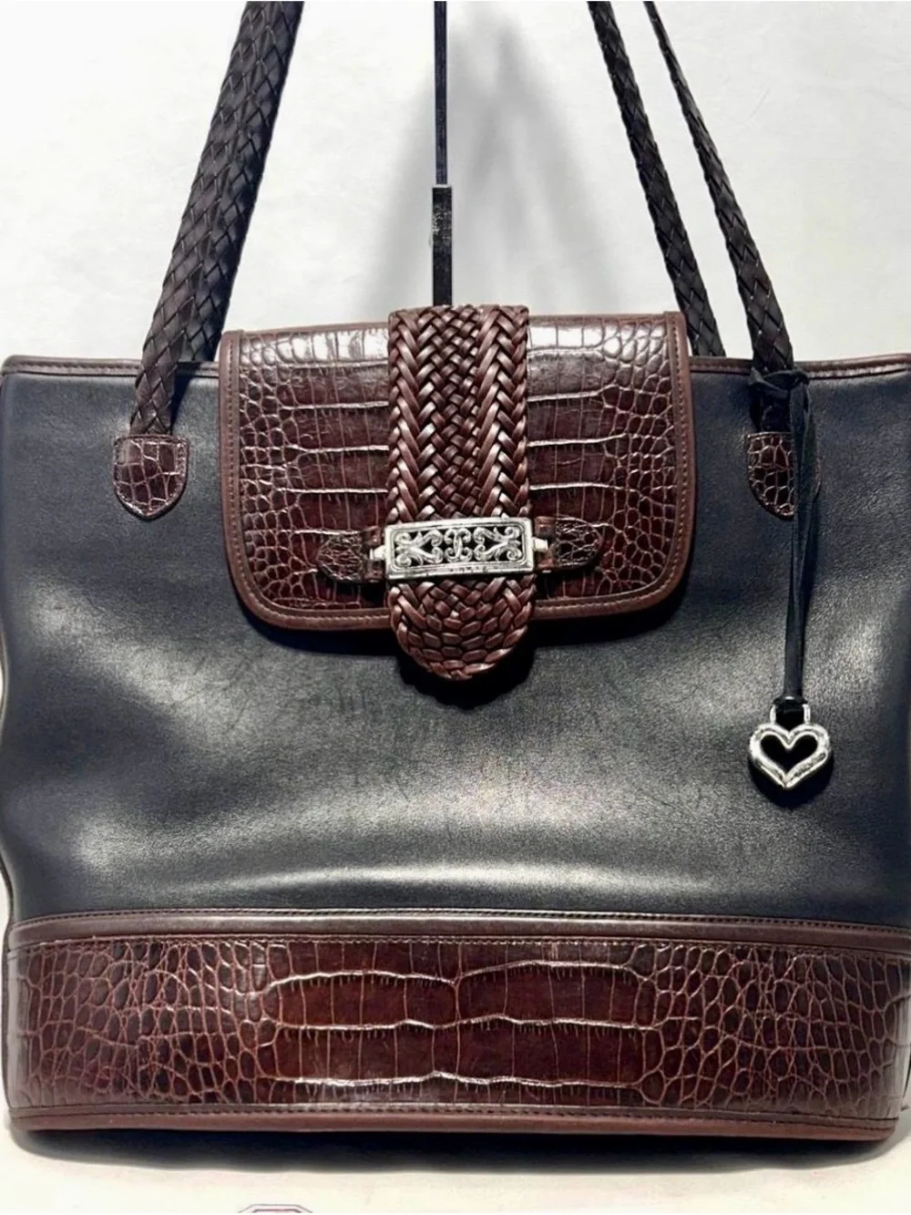 Brighton Black Shoulder Tote with Brown Trim and Heart Charm
